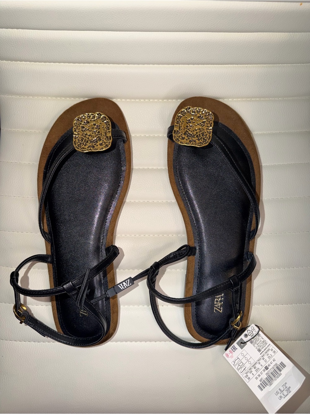 ZARA Black and Brown Sandals with Gold Medallion